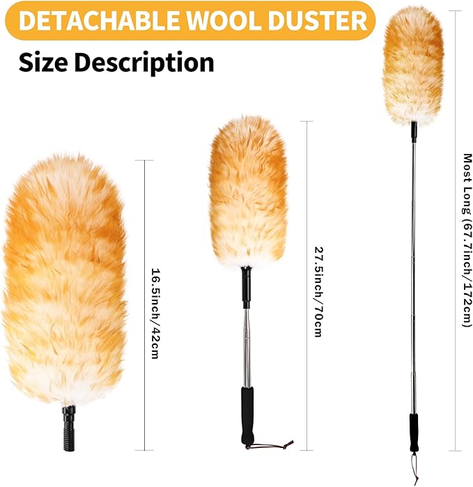 Lambswool Extendable Duster,67.7Inch Telescoping Feather Dusters with Stainless Steel Extension Pole for Cleaning High Ceiling Fan, High Ceilings,Furniture