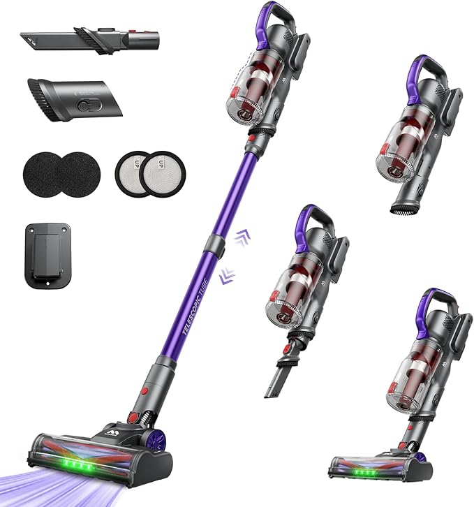 Cordless Vacuum Cleaner 45KPA, Up to 60mins Runtime Lightweight Powerful Suction Vacuum Cleaners for Home, 3 Suction Modes, Rechargeable Stick Vacuum for All Floor/Carpet/Pet Hair/Car, A03