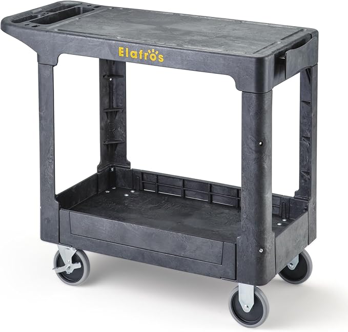 ELAFROS Heavy Duty Plastic Utility Cart Flat top 37 x 18.8 Inch - Work Cart Flat Shelves and 2 Swivel 2 Fixed Wheels Safely Holds up to 550 lbs - 2 Tier Service Cart Mail cart, Gray