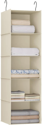 Hanging Closet Organizer, Easy Mount Foldable 5-Shelf Hanging Closet Wardrobe Storage Shelves, Clothes Handbag Shoes Accessories Storage, Washable Oxford Cloth Fabric, Beige
