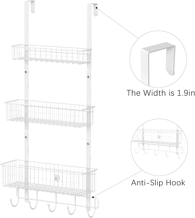 CADUKE Over The Door Organizer Hanger with Basket Hanger Door Towel Rack with 5 Hooks Back of Door Storage Organizer Behind Door Hooks Hanger Shelf for Bathroom, Kitchen, Office, White