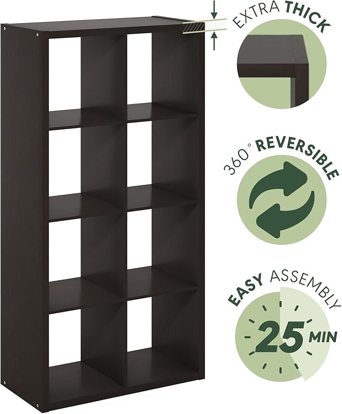 Furinno Cubicle Open Back Decorative Cube Storage Organizer, 8-Cube, Black Dark Oak