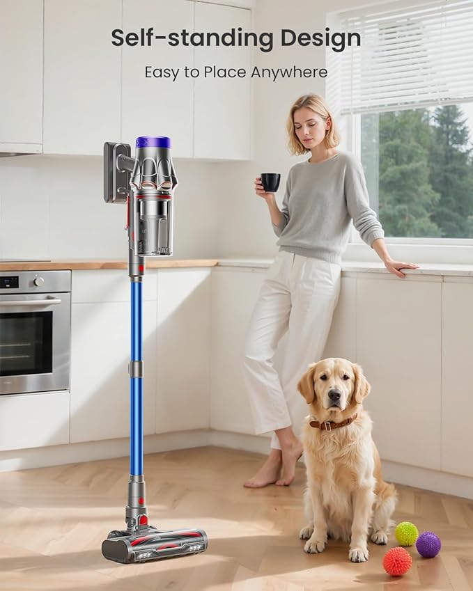 Cordless Vacuum Cleaner, 48KPa 580W 65Mins Vacuum Cleaner for Home, Anti-Tangle Self-standing Stick Vacuum with Scented Tablet, Upgraded Dust Cup Scraping, Vacuum Cordless for Pet Hair/Carpet/Floors