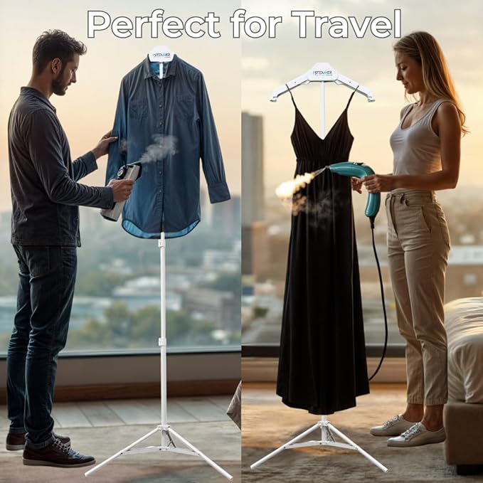 Travel Pro | Adjustable Standing Garment Steaming Rack with Hanger | Fast, Foldable, Sturdy, Portable Steam Ironing Solution for Travel & Home