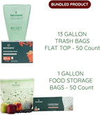Compostable Trash Bags with Handles | BPI & OK Home Certified ASTM D6400 Standards | Heavy Duty Kitchen & Yard Waste Bags (13 Gallon Flat Top (50 Count) with Gallon Freezer Bags (50 Count))