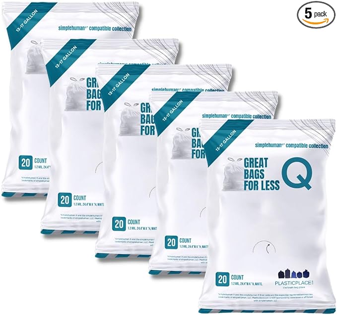 Plasticplace Trash Bags, Compatible with simplehuman Code Q Packs, White Drawstring Garbage Liners,13-17 Gallon, 25" x 32.5" (20 Count/5 Pack)