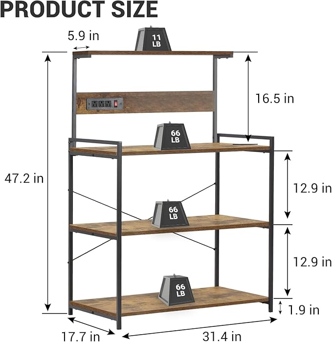4-Tier Kitchen Baker's Rack with Power Outlet, Microwave Stand and Storage Shelves, Coffee Station Organizer (Rustic Brown)