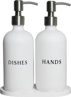 White Glass Hand and Dish Soap Dispenser Set - Modern Farmhouse Sink Accessories - 16 oz Kitchen Sink Set With Tray, Stainless Pumps & Funnel