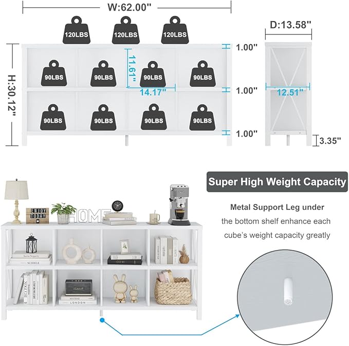 FATORRI 8 Cube Storage Organizer Bookshelf, Rustic Wood Cubby Bookcase, Industrial Horizontal Long Shelf for Living Room (White Oak, 62 Inch)