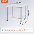 Vevor 30x36x34 Inch Stainless Steel Work Table 3-Stage Adjustable Shelf with 4 Wheels Heavy Duty Commercial Food Prep Worktable with Brake for Kitchen Prep Work : Everything Else