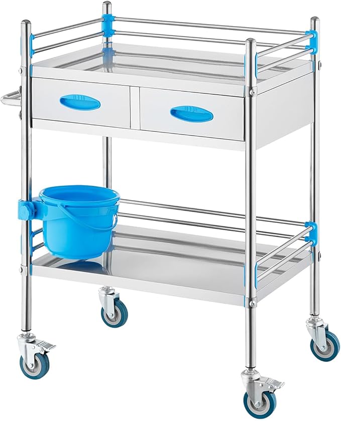 VEVOR Stainless Steel Utility Cart, 2 Layers with Two Lockable Wheels, Ideal for Laboratory, Hospital, Dental Use