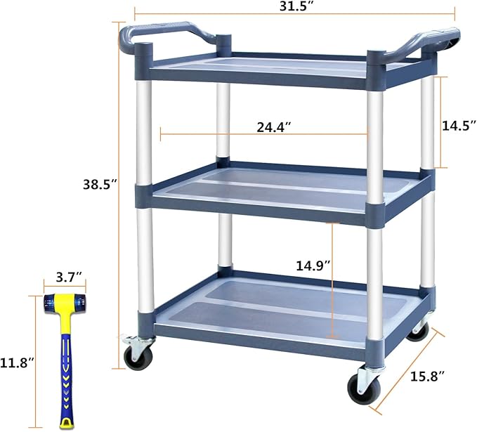 3-Tier Utility Cart With Wheels, Heavy Duty Rolling Restaurant Cart 420lbs, Plastic Bus Cart With Lockable Wheels and Rubber Hammer for Warehouse/Office/Kitchen, Grey
