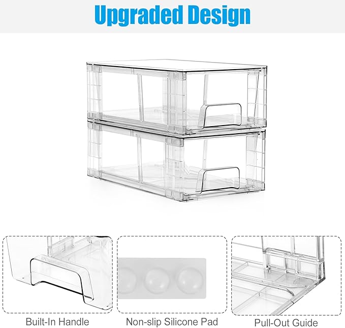 2 Pack Stackable Storage Drawers,Plastic Organizers Bins, Drawers Storage with Handles and Movable Dividers for Organization and Storage in Fridge,Dressers, Pantry, Kitchen Cabinets, Under Sink