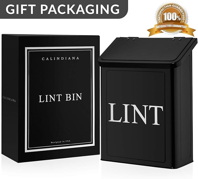 Calindiana Modern Farmhouse Metal Magnetic Lint Bin for Laundry Room Decor and Accessories with Lid and Laundry Room Organization and Storage Wall Mount Space Saving Washer and Dryer Trash Can (BLACK)