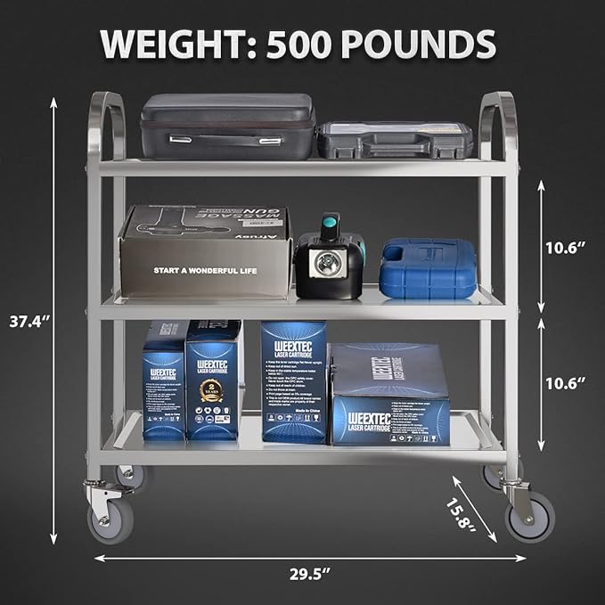 Heavy Duty Stainless Steel Utility cart，Industrial Serving cart with Wheels, 3 Shelf 360°Rotation Storage Trolley with Locking Wheels 500 lbs Capacity，1MM Thick 33.5 * 17.4 * 35.4' L*W*H.