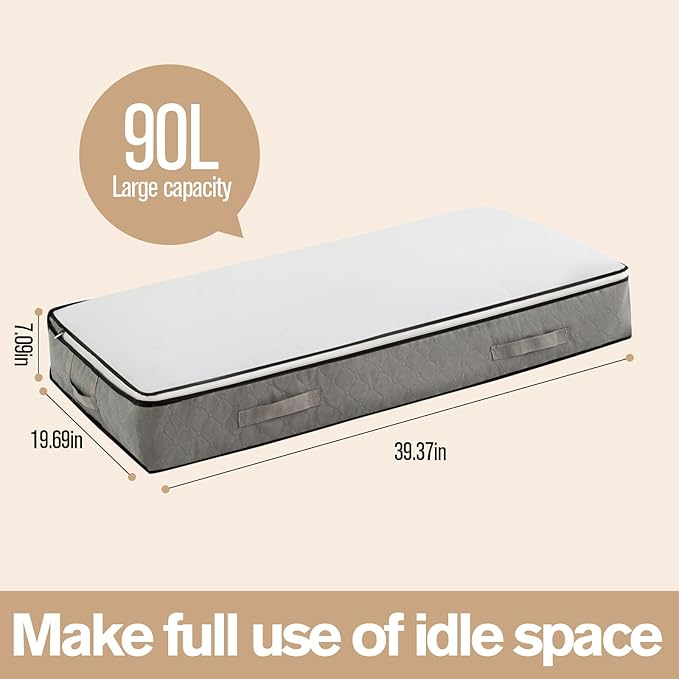 90L Under Bed Storage Containers, Closet Organizers and Storage Bins, Foldable Underbed Storage Bags for Blanket, Clothing, Comforter, Sweaters, Pillows, Linen Sheets, Wrapping Paper, grey