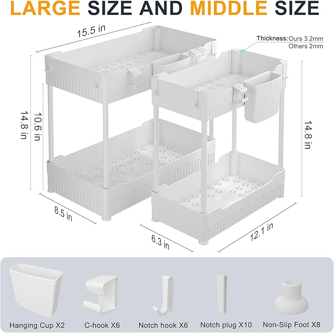 2 Pack Under Sink Organizer, Under Bathroom Cabinet Organizer with Hooks Hanging Cup, Multi-Purpose Storage Shelf for Kitchen Bathroom (White, XL)