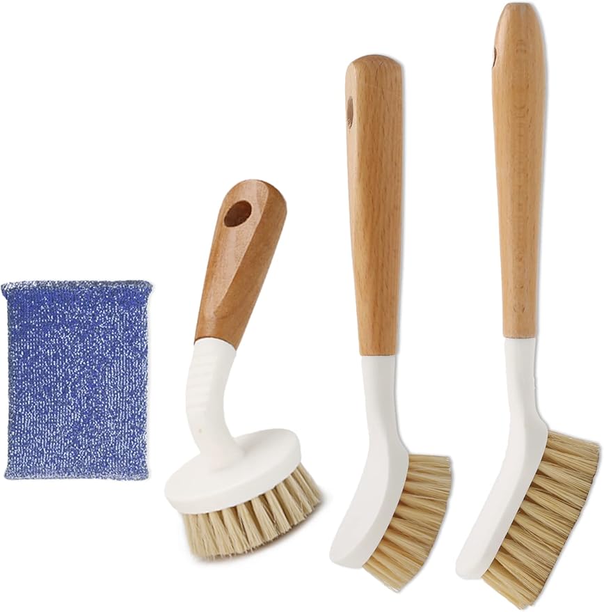 Sisal Dish Cleaning Brush with Bamboo Handle Dish Scrubber, Scrub Brush for Pans, Pots, Dishwashing and Cleaning Brushes (Square Brush, Round Brush and Short Brush)