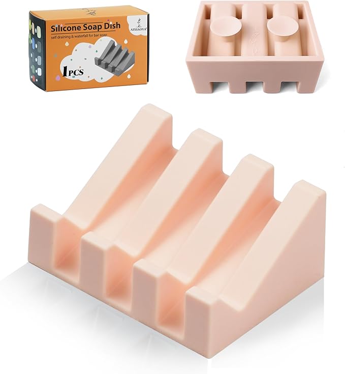 Silicone Soap Dish with Drain, Upgrade Double Suction Cups at The Bottom for Anti-Slip and Stability, Soap Dish Shower Waterfall Bar Soap Holder Tray with Drain Soap Holder (1, Pink)