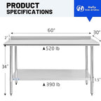 Hally Stainless Steel Table for Prep & Work 30 x 60 Inches, NSF Commercial Heavy Duty Table with Undershelf and Backsplash for Restaurant, Home and Hotel