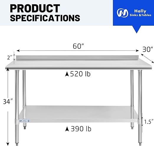 Hally Stainless Steel Table for Prep & Work 30 x 60 Inches, NSF Commercial Heavy Duty Table with Undershelf and Backsplash for Restaurant, Home and Hotel