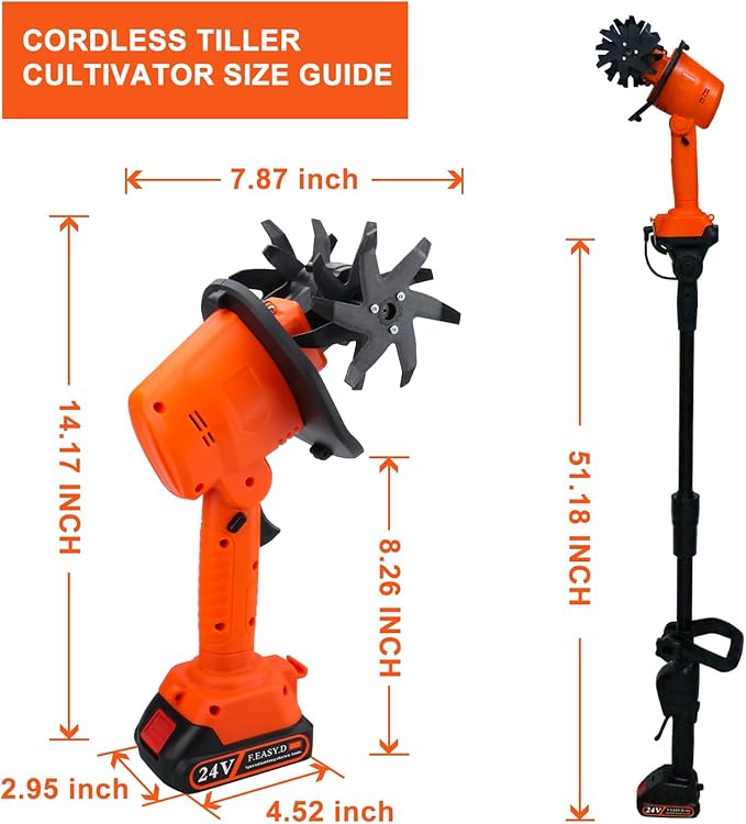 24V Cordless Tiller Cultivator, 4-Inch Tilling Width and Depth, Handheld with Extension Rod, 235 RPM Electric Garden Tiller, Lightweight 1.2kg Body, 2 × 1.5Ah Batteries & Charger