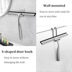 10-Inch Shower Squeegee for Glass Doors, Stainless Steel Shower Squeegee with Shower Door Hook & Adhesive Hook, Multi-Purpose Bathroom Squeegee for Glass, Door, Mirror and Window (Silver)