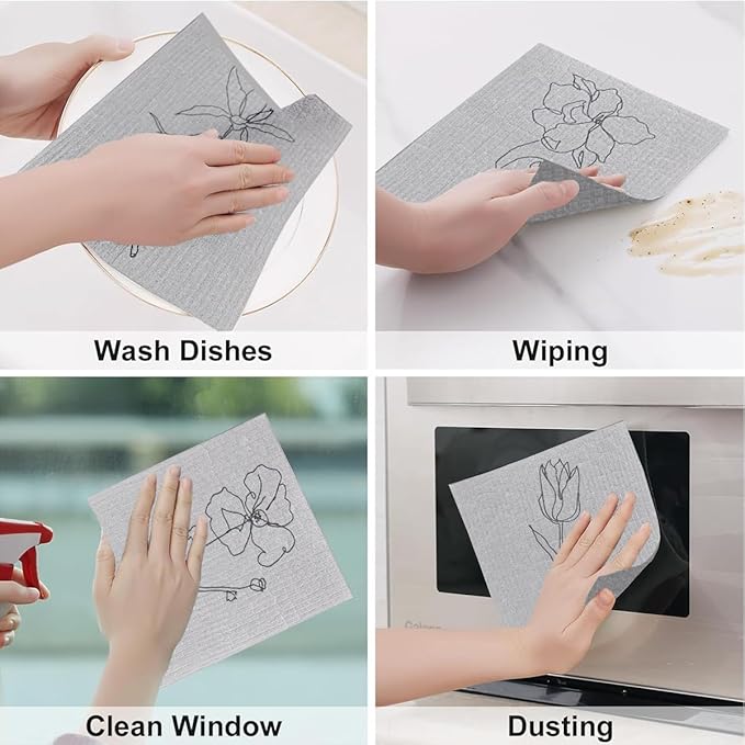 6 - Pack Swedish Kitchen Dish Cloths - Reusable Paper Towels for Counters & Dishes - Eco Friendly Cellulose Sponge Cloth - Assorted (Grey Flower)