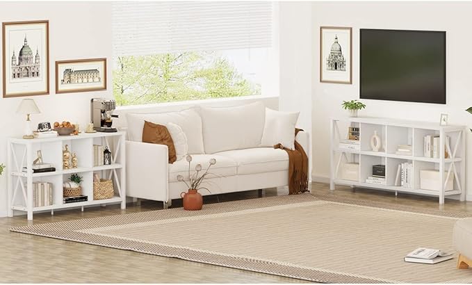 FATORRI 8 Cube Storage Organizer Bookshelf, Rustic Wood Cubby Bookcase, Industrial Horizontal Long Shelf for Living Room (White Oak, 62 Inch)