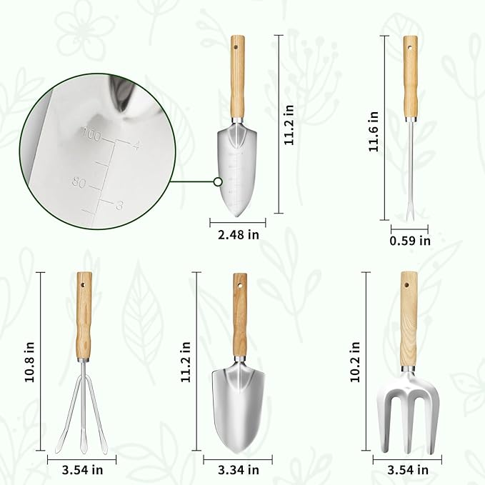 Garden Tool Set, 5 Pcs Gardening Tool Set with Weeder Puller, Dibber, Transplanter, Big Trowel, 5-Claw Cultivator - Wooden Handle Stainless Steel Gardening Hand Tools (ash Wood)