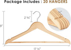StorageWorks Wooden Hangers 20 Pack, Wood Coat Hangers for Closet, Heavy Duty Clothes Hangers for Suits, Shirts, Pants, Jackets, Natural Wood Color