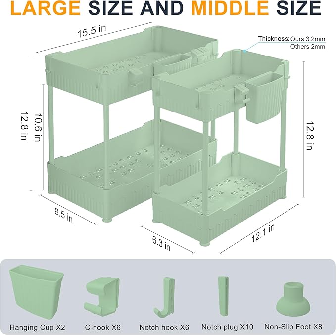 2 Pack Under Sink Organizer, Under Bathroom Cabinet Organizer with Hooks Hanging Cup, Multi-Purpose Storage Shelf for Kitchen Bathroom (Green, L)