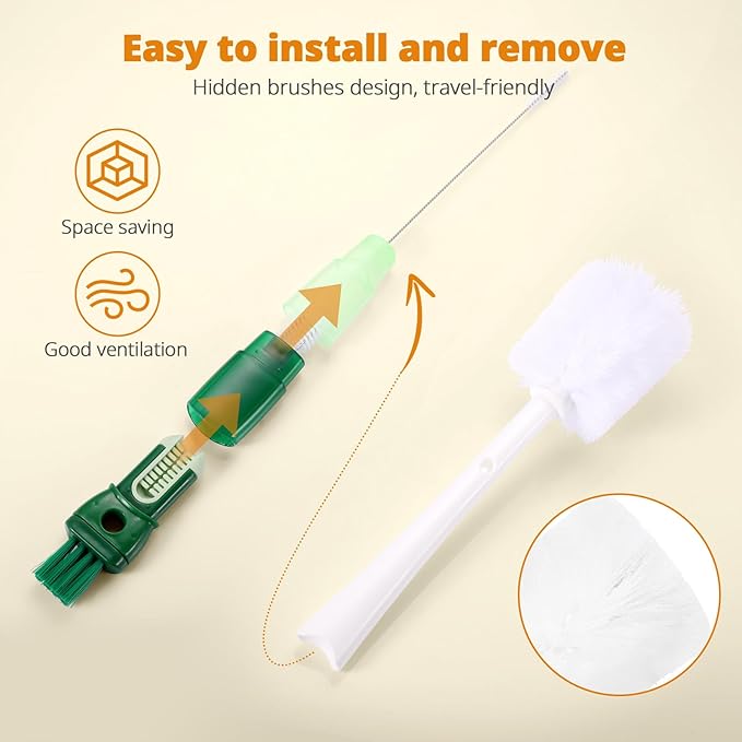 OUTXE 5 Pack Bottle Brush Set, 5-in-1 Water Bottle Cleaner Brush, 15"" Long Handle Bottle Cleaning Brush, 3 Straw Brush, Removable Nipple Brush, Detail Brush for Cup Lid Gap, WBBSBLB5