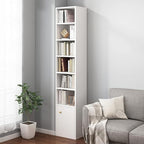 IOTXY Small Narrow Corner Bookcase - 71 Inches Tall Gap Freestanding Storage Cabinet, 7 Lattices Open Shelves Tower Rack with Door, Cubes Bookshelf in White