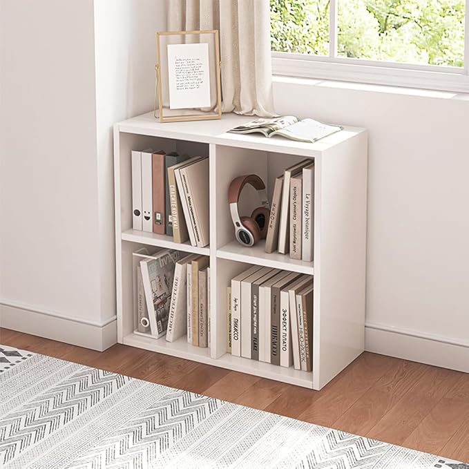 4 Cube Organizer Bookcase - Fabric Storage Bins Container, Open Shelf Simple Compartments Bookshelf, White