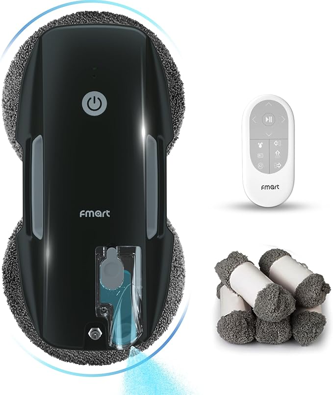 FMART T9Pro Window Cleaning Robot - 3800PA, Ultrasonic Water Spray, AI Path Planning, AI Edge Detection Window Cleaner Robotic with Remote Control & 10 Cloths - Deep Clean Windows, Tiles