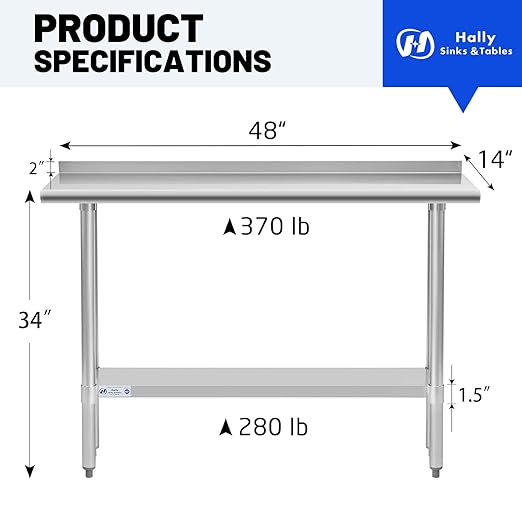 Hally Stainless Steel Table for Prep & Work 14 x 48 Inches, NSF Commercial Heavy Duty Table with Undershelf and Backsplash for Restaurant, Home and Hotel