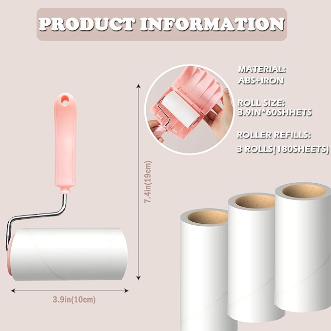 Lint Roller Remover with 180 Sheets, Pet Hair Remover Extra Sticky Roller Hair Dust Remover for Clothes, Furniture, Travel Household 1 Handle+3 Rollers Dog &Cat Hair Removal (Pink)