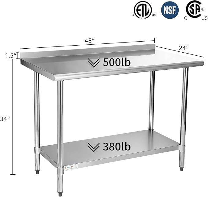 STABLEINK NSF Stainless Steel Table, 24 x 48 Inches Metal Prep & Work Table with Backsplash, Adjustable Undershelf and Table Foot, for Commercial Kitchen, Restaurant (Without Caster Wheels)