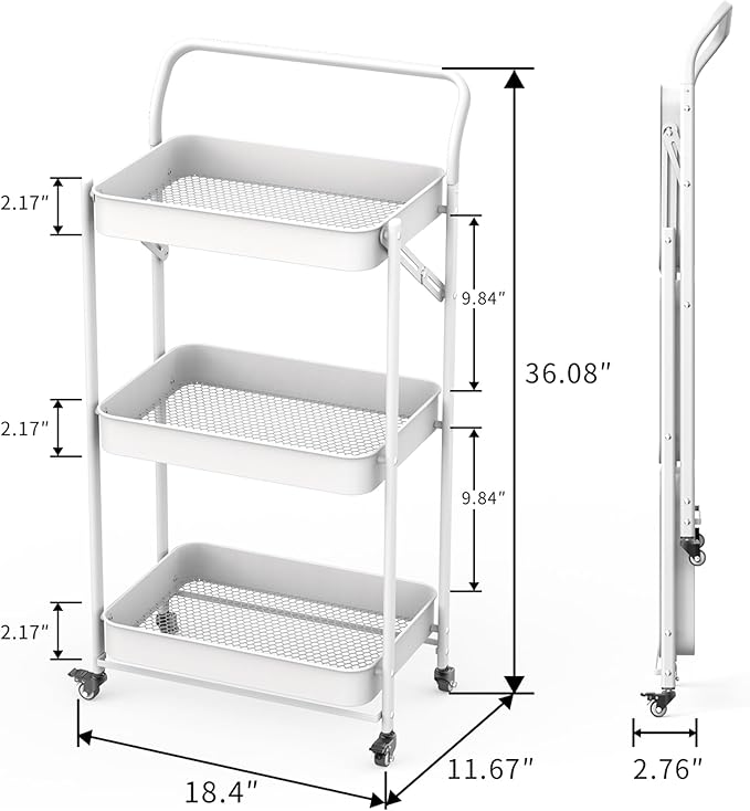 JAQ Foldable Rolling Cart, 3-Tier Metal Small Folding Storage Utility Carts Basket Rack Organizer with Handle on Wheels for Snacks Books Fruits for Kitchen Laundry Room Bathroom - (White, 3-Layer)