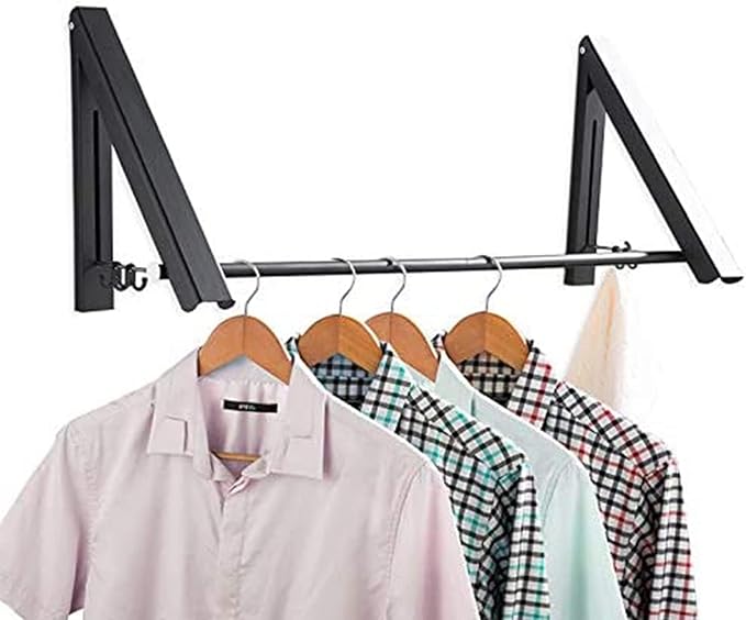 Laundry Drying Rack, Wall Mounted Retractable Clothes Hanger, Aluminium Home Storage Organization Space Savers for Home(2 Racks with Rod,Black)
