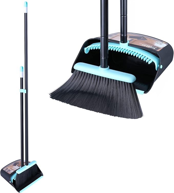 Broom with Dustpan Combo Set,Dust pan with Broom Combo Set,Standing Dustpan and Broom with 54” Long Handle for Indoor Lobby Office Kitchen Sweeping