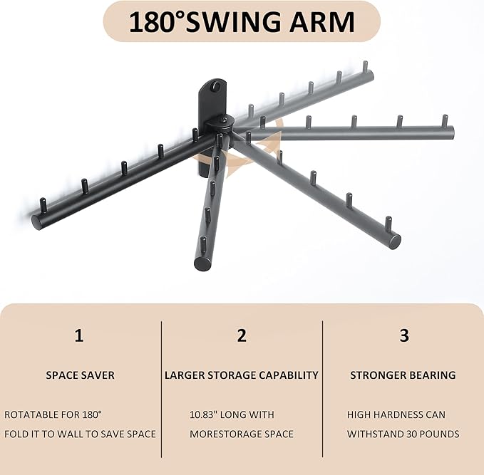 Swing Clothes Hanger, Wall Mounted Garment Bar-Hanger Holder Hooks, Heavy Duty Folding Drying Rack, Space Saving Clothing Hanging System, Closet Storage Organizer, Black