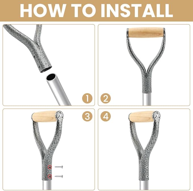 Shovel D Grip Handle, 32mm Inner Diameter Metal Shovel Replacement Handle with Wooden Grip Spade Snow Scoop Digging Raking Tools Snow Shove-l for Digging Raking(Color:Sliver)