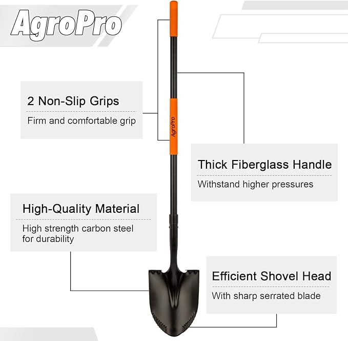 Heavy Duty Shovel, 58 Inches, Black, High Carbon Steel, Fiberglass Handle, Modern Style