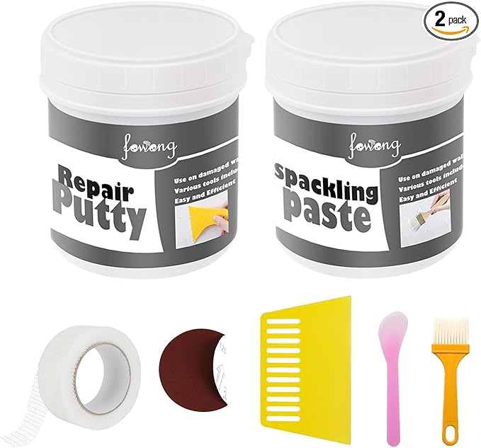 fowong Drywall Repair Kit, Spackle Wall Repair Putty & Paint White, Easy to Fix Wall Holes and Creak Damage with Putty (8oz) and Spackling Paste(7oz)