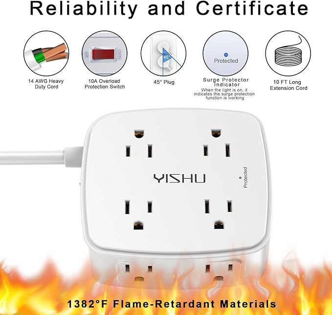 10 Ft Surge Protector Power Strip - YISHU 3 Side Outlet Extender with 8 Widely AC Outlets and 4 USB Ports, 10 Feet Extension Cord with Flat Plug, Wall Mount Desk USB Charging Station, ETL,White