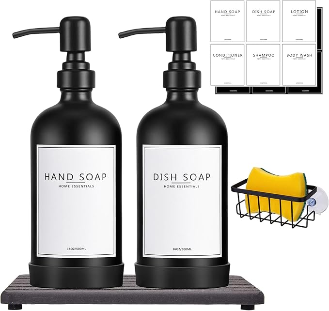 Kitchen Soap Dispenser Set with Instant Dry Tray & Sponge Holder,16 Oz Hand and Dish Soap Black Glass Dispenser Set,Stainless Steel Pump,Waterproof Labels,Luxury Soap Bottle for Bathroom