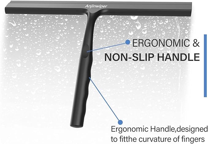 Household Squeegee for Shower Glass Doors, All-Purpose Squeegee with Adhesive Hook, Bathroom Cleaner Tool for Glass Door, Tile Wall, 10 inch, Black