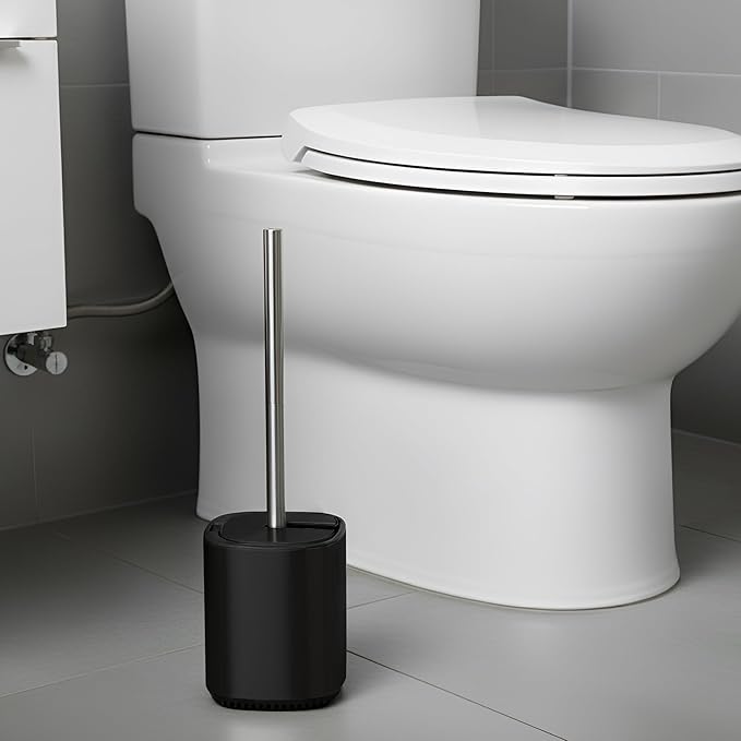 Toilet Bowl Brush and Holder, Toilet Brush with Stainless Steel Handle and Durable Bristles for Bathroom Cleaning, Automatic Closing Holder Set (Black)